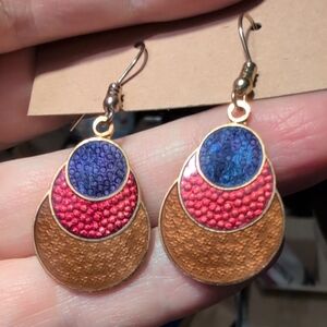 Blue, Red And Gold Enamel Dangle Earrings